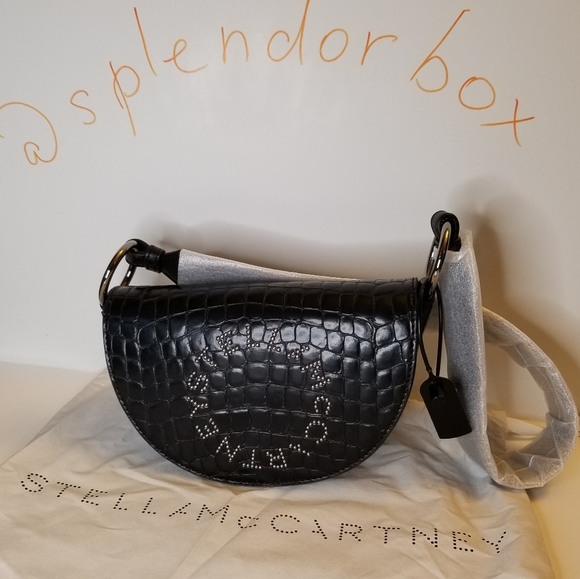 Stella McCartney Studded Logo Saddle Half Moon Croc-Embossed Black Shoul… - Picture 2 of 10